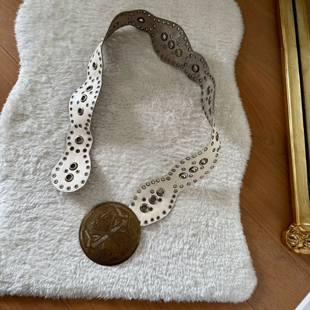 Vintage oversized leather medallion belt with eyelets, made in Morocco